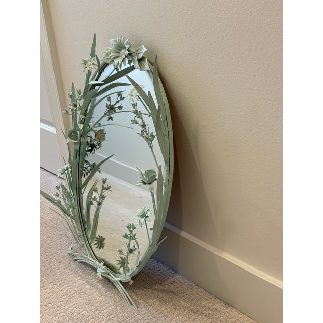 Metal Vintage Italian Tole Floral Chinoiserie Style Oval Mirror in Soft Shade of Green For Sale - Image 7 of 18