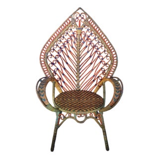 Early 1900s Antique Peacock Chair • Multicolored Hand-Woven Rattan For Sale