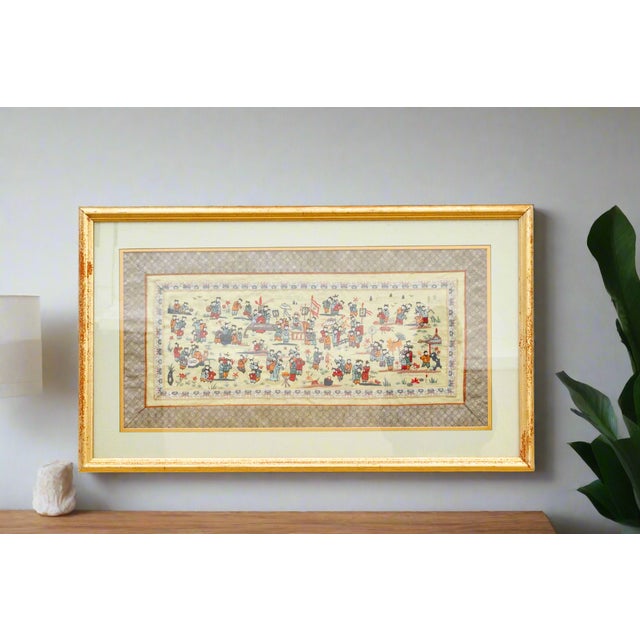 Step into a bustling scene from Imperial China with this antique embroidered textile. This captivating piece, likely...
