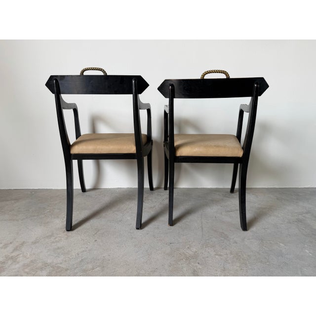 1900 - 1909 Pair of John Gee Style Hollywood Regency Ebonized Armchairs With Brass Accents For Sale - Image 5 of 12