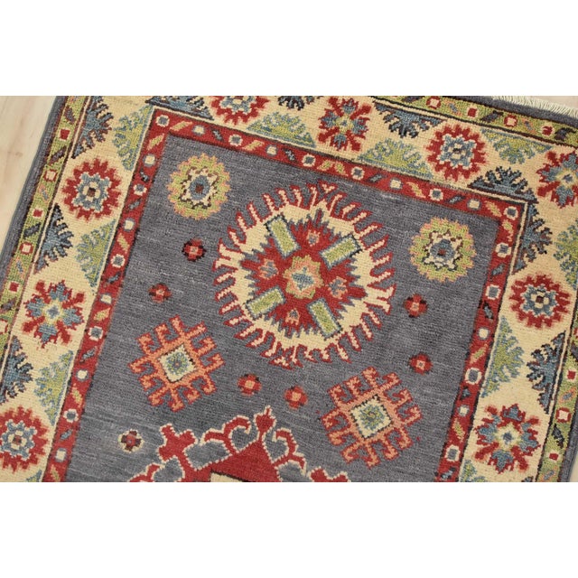 Kazak Runner 2’10” X 6’7” Blue Wool Tribal Hand-Knotted Oriental Rug For Sale In Philadelphia - Image 6 of 12