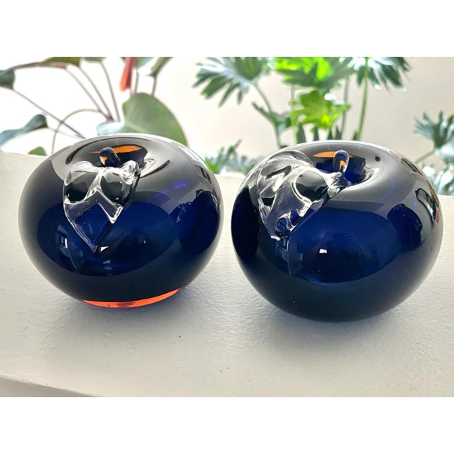 Blue Vintage Blue and Amber Glass Apple Shaped Bookends, a Pair For Sale - Image 8 of 9