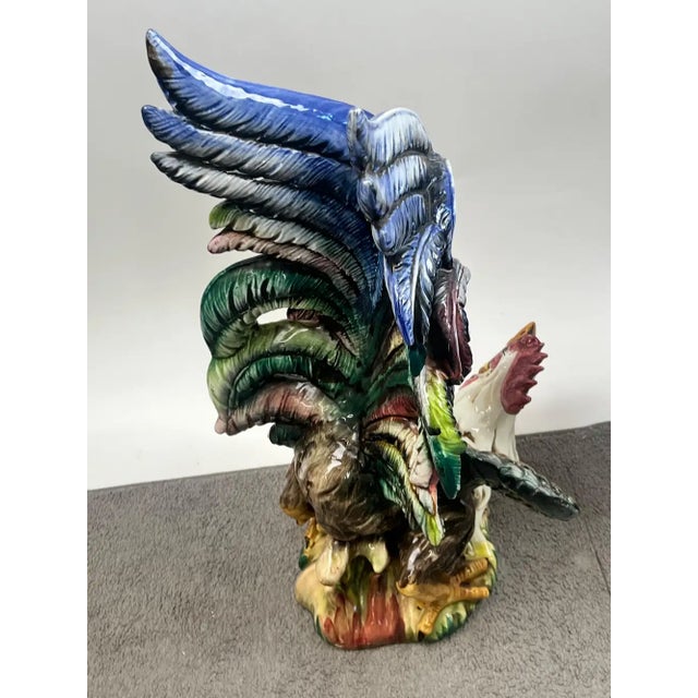 Vintage Hand-Painted Italian Majolica Ceramic Fighting Rooster Sculpture, a Pair 1980's For Sale - Image 10 of 15