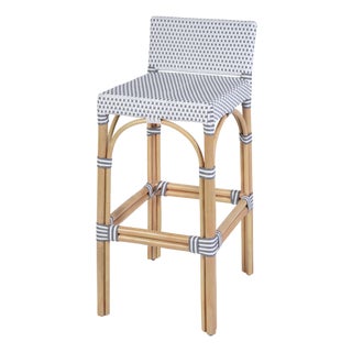 Serienna 30 in. Seat Height Rectangular Rattan Low Back Bar Stool, White/Gray Dot / Natural Rattan Frame For Sale