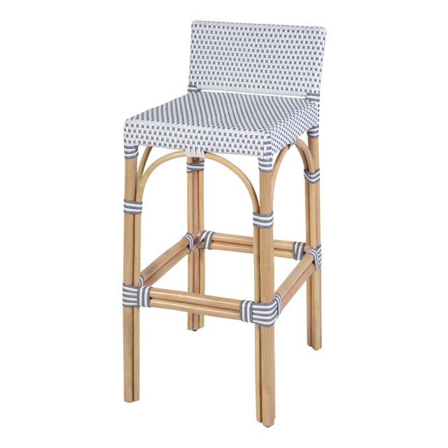 Serienna 30 in. Seat Height Rectangular Rattan Low Back Bar Stool, White/Gray Dot / Natural Rattan Frame For Sale