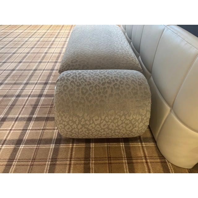 Custom Silver Grey Bench With Leopard Printed Fabric and Beautiful Curved Arms For Sale - Image 4 of 5