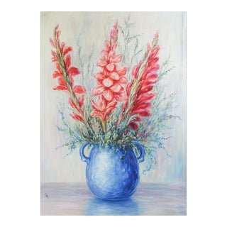 Vintage Pink Gladiolus Flowers in Blue Vase Still Life Painting For Sale