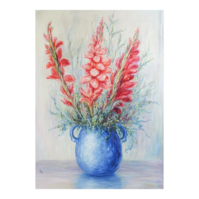 Vintage Pink Gladiolus Flowers in Blue Vase Still Life Painting For Sale