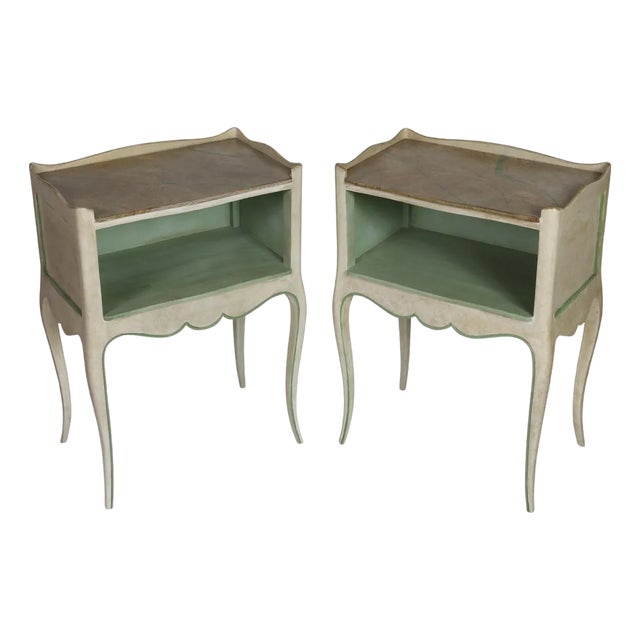Pair of Painted French Side Tables or Nightstands With Faux Marble Top For Sale