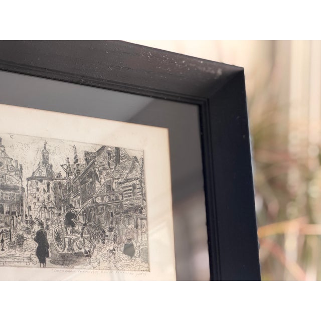 Original Signed Etching Art by Rouse Pinkston, 1975 European Street Scene, Custom Black Wood Framed For Sale In Los Angeles - Image 6 of 11