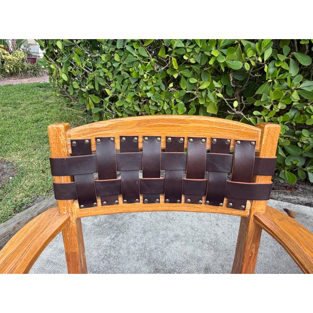 Vintage Mid-Century Ranch Oak Leather Strapped Arm Chairs - A Pair For Sale - Image 9 of 11