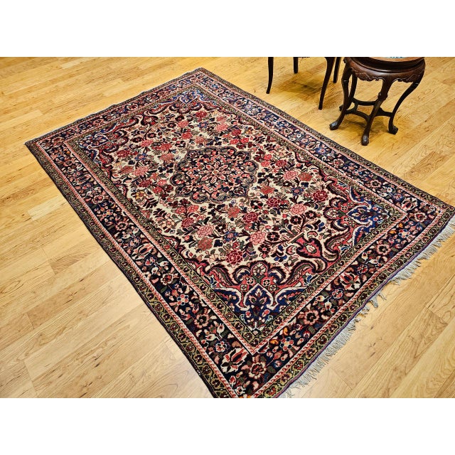 Textile Vintage Persian Malayer Rug, Hand-Knotted Wool, Floral Pattern, 5x7, Ivory & Navy For Sale - Image 7 of 18