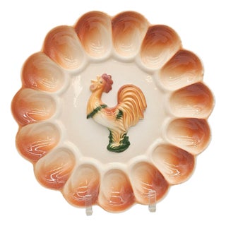 Mid-Century Ceramic Rooster Deviled Egg Platter With Farmhouse Charm For Sale