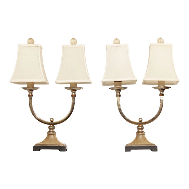 1990s Neoclassical Style Chrome Two-Light Table Lamps (E) - A Pair For Sale