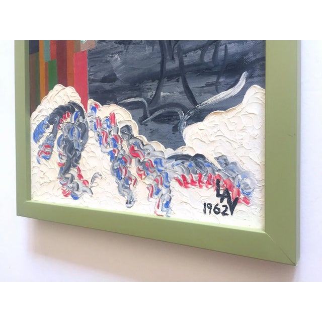 Vintage Mid Century Modernist Framed Original Abstract Landscape Oil Painting on Board For Sale - Image 11 of 13