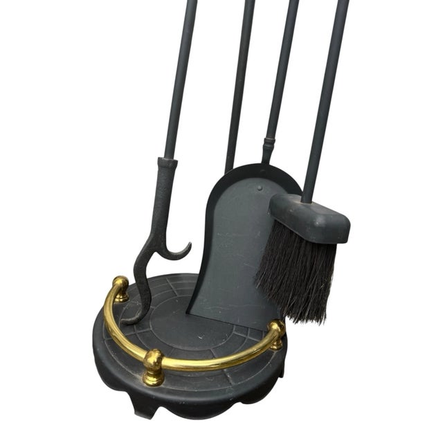 Vintage Federal Style Fireplace Andirons & 4 Pc Tool Set Cast Iron Brass For Sale - Image 14 of 14