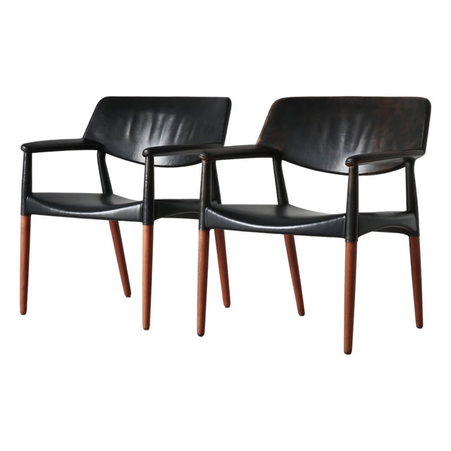 Set of Danish Modern Armchairs in Teakwood & Leather attributed to Larsen & Bender Madsen, 1950s For Sale