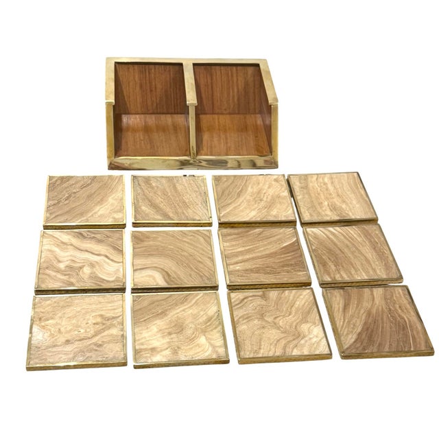 Karl Springer drink coasters from the 1980s, featuring a unique combination of brass, sandstone, oak, fabric, and maple...