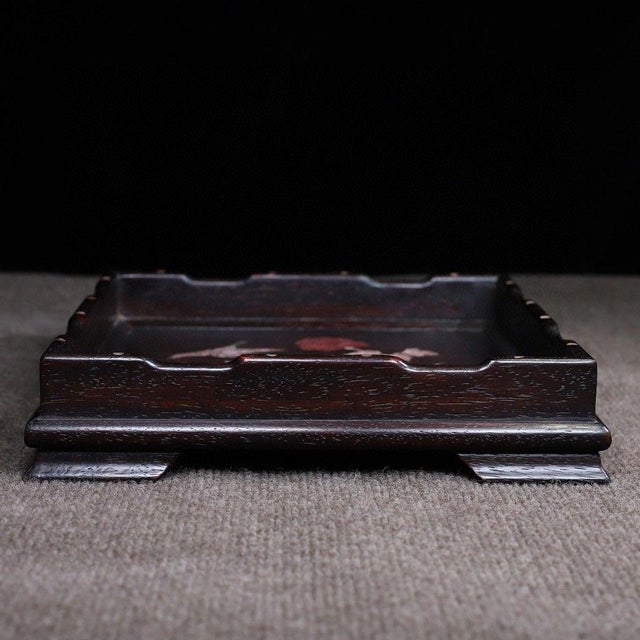 Late 19th Century Late 19th Century Square Wooden Tray With Mother-of-Pearl Bird and Peony Inlay For Sale - Image 5 of 9
