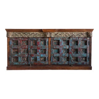 1920s Antique Rustic Farmhouse Distressed Red Blue Sideboard 89 For Sale