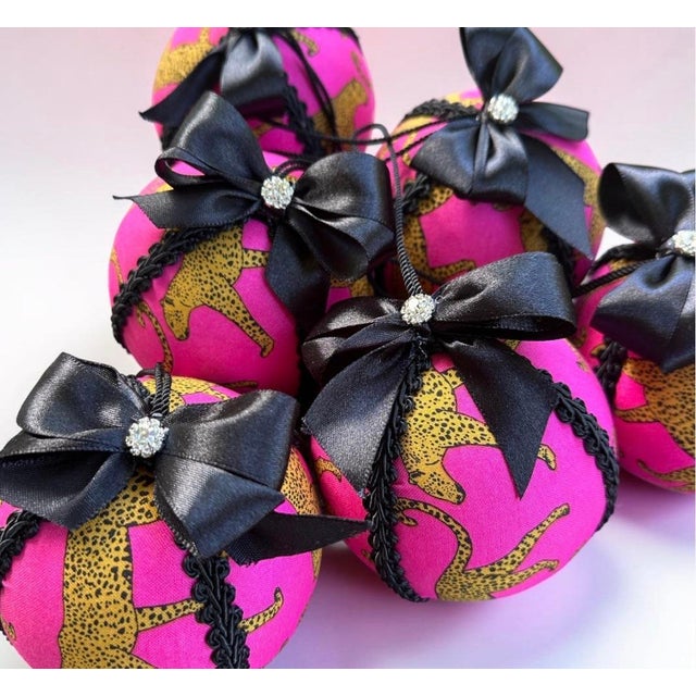 Handcrafted Hot Pink Leopard Cotton Ornaments – Set of 3, Gift Boxed For Sale - Image 4 of 4