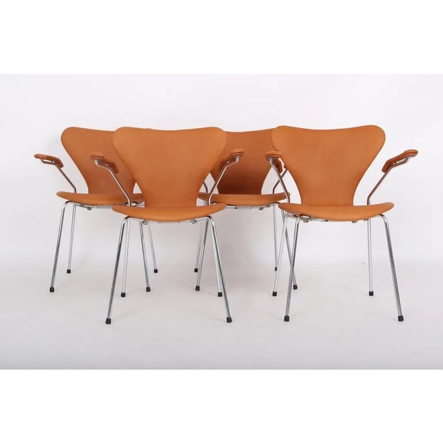 New upholstered Arne Jacobsen chairs model 3207 with armrests. Here 4 pcs. Newly related to brandy-colored aniline...