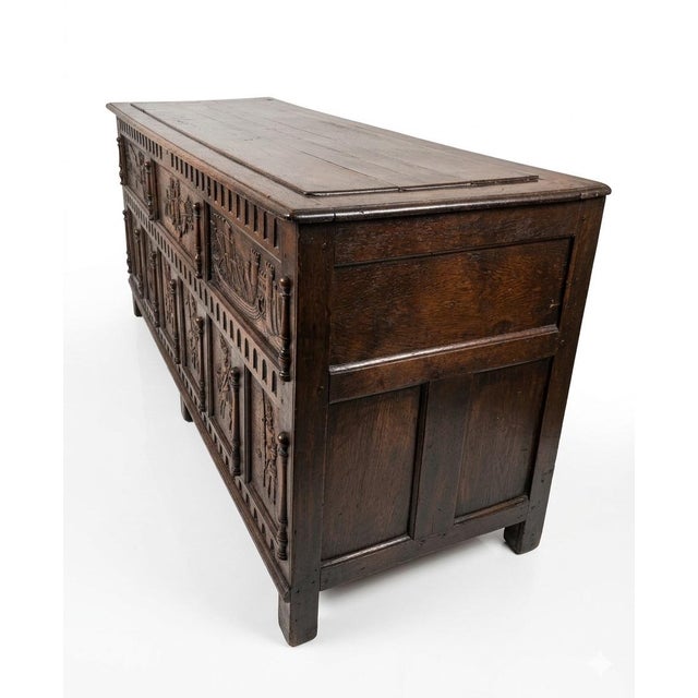 1970s 1970s English Carved Oak Coffer With Knight & Castle Motifs For Sale - Image 5 of 12