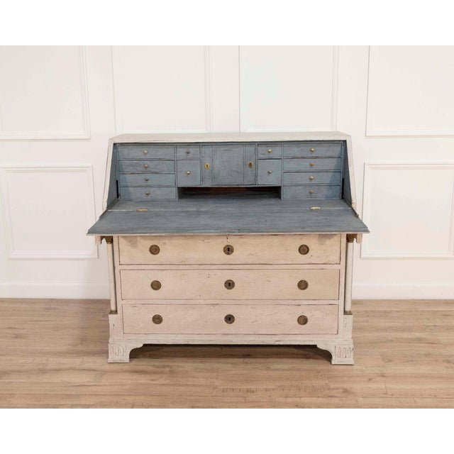 19th-Century Swedish Bureau With Carved Columns And Blue-Painted Interior For Sale In Atlanta - Image 6 of 13