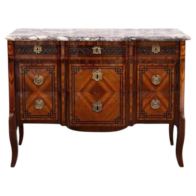 Brown 18th Century French Transition Marquetry Chest of Drawers with Marble Top, 1770 For Sale - Image 8 of 8