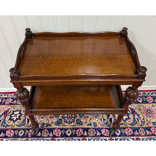 Brown Antique English Trolley Tea Cart Pastry Cocktail Bar Cart Tray Tudor Oak 1930s 2 For Sale - Image 8 of 18
