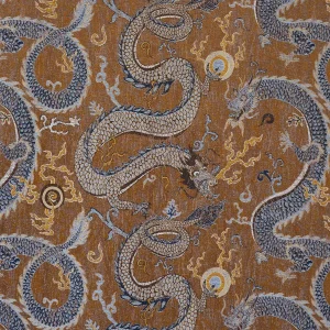 Schumacher Serpentine Dragon Fabric In Brown & Blue