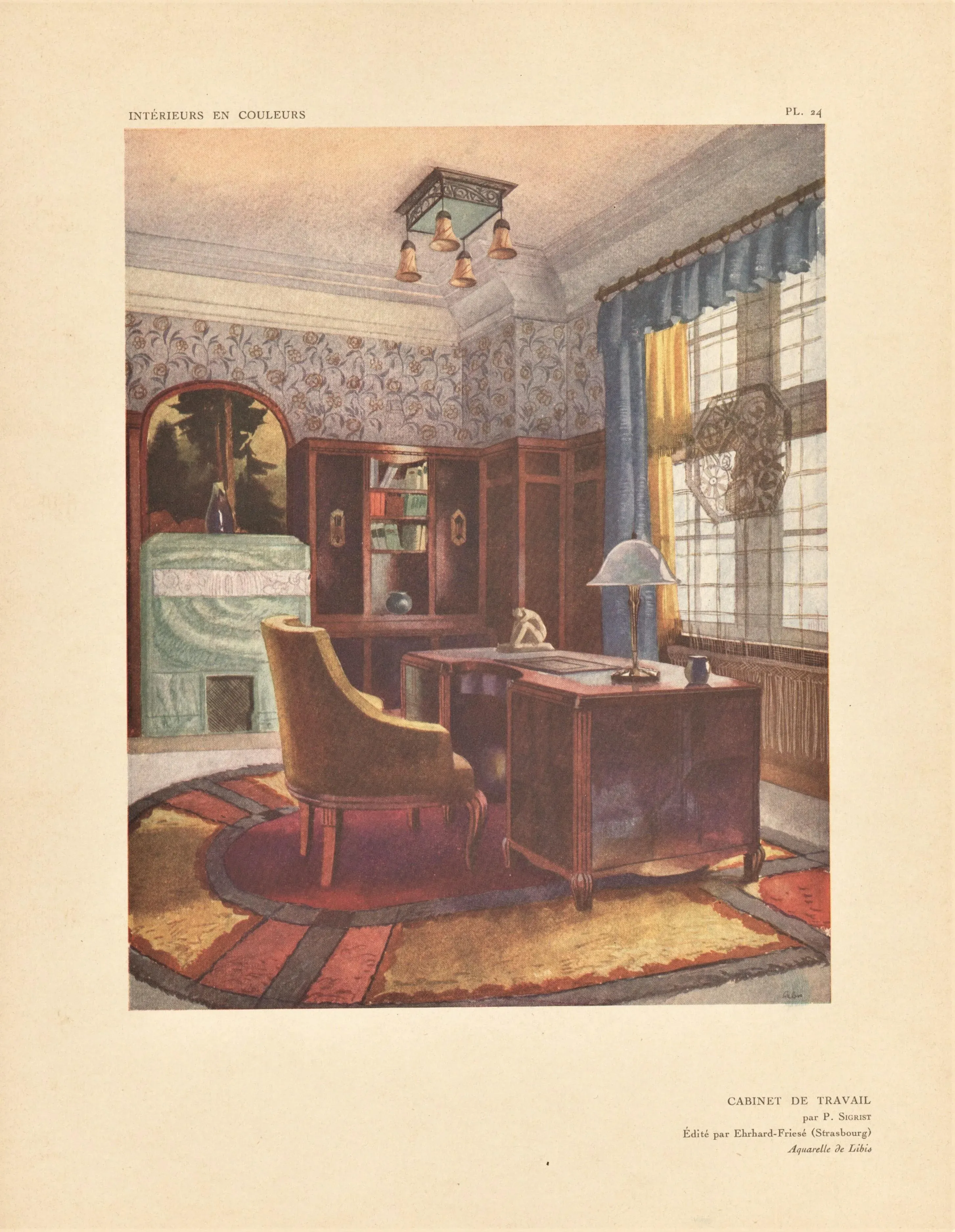 Architecture d'Intérieur et Décoration Art Deco Interior Design Lithograph-Home Office | Chairish