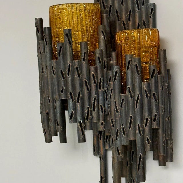 Marcello Fantoni, Brutalist Mid-Century Modern Wall Sconces, Wrought Iron, Glass For Sale In New York - Image 6 of 10