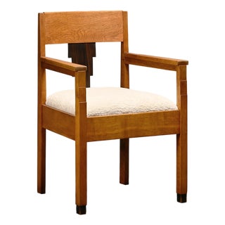 Dutch Art Deco Amsterdam School Armchair in Oak and Bouclé Fabric, 1930s For Sale
