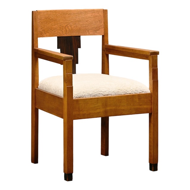 Dutch Art Deco Amsterdam School Armchair in Oak and Bouclé Fabric, 1930s For Sale