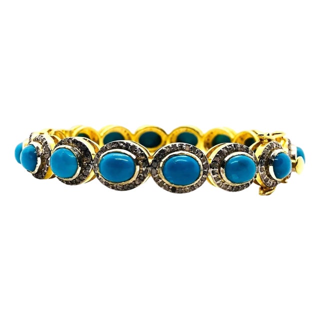 Bochic “Capri” Vintage Natural Diamond & Turquoise Bracelet Set In 18K & Silver For Sale