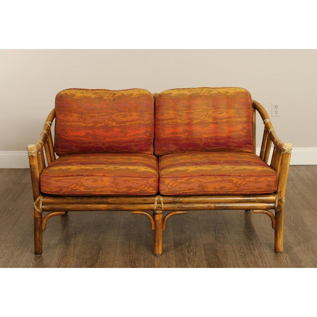 High Quality Vintage Bamboo Frame Loveseat Settee with Rawhide Lacing and Custom Upholstered Cushions