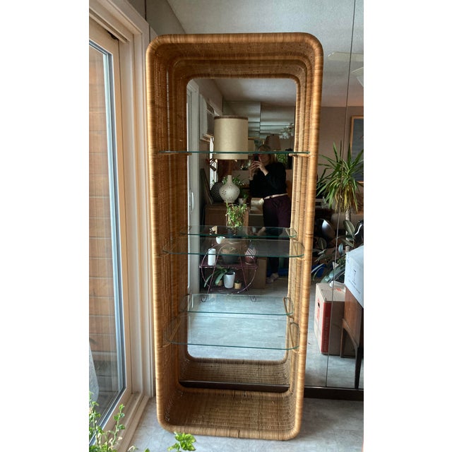 1950s Vintage Wicker Frame & Glass Shelves Etagere Designed by Louis