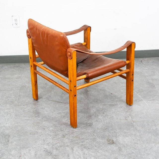 Mid Century Danish Modern Lounge Chair Safari Brown Leather Arm Sling Vintage For Sale - Image 12 of 12