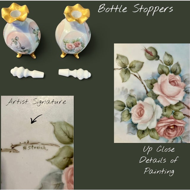 Ceramic Vintage Hand Painted Porcelain Vanity Set-Tray-Perfume Bottles-Casket-Jar-Signed For Sale - Image 7 of 11