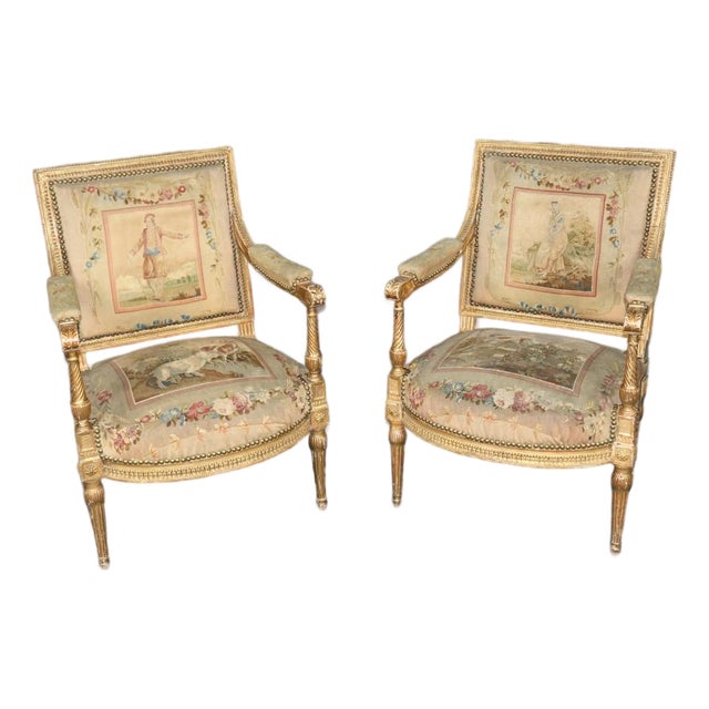 Pair 19th Century French Louis XVI Style Giltwood Aubusson Armchairs For Sale