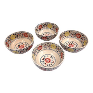 Set of 4 Hand-Painted Bat Trang Vietnamese Ceramic Soup Bowls With Floral Motifs For Sale
