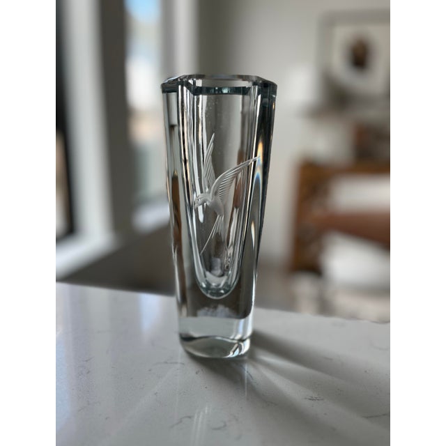 A beautiful, heavy, Swedish crystal vase with a sweet hummingbird acid etched into the glass. Measurements: At base:...