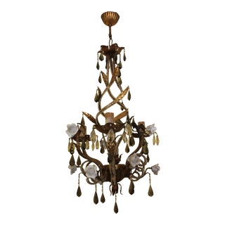 1940s French Hollywood Regency Gilt Tole W/ Beaded Crystal & Porcelain Rose Chandelier by Maison Bagues For Sale