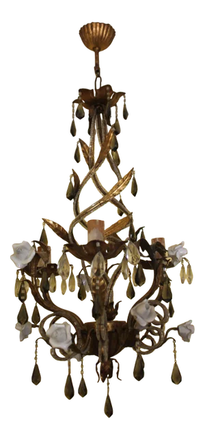 1940s French Hollywood Regency Gilt Tole W/ Beaded Crystal & Porcelain Rose Chandelier by Maison Bagues