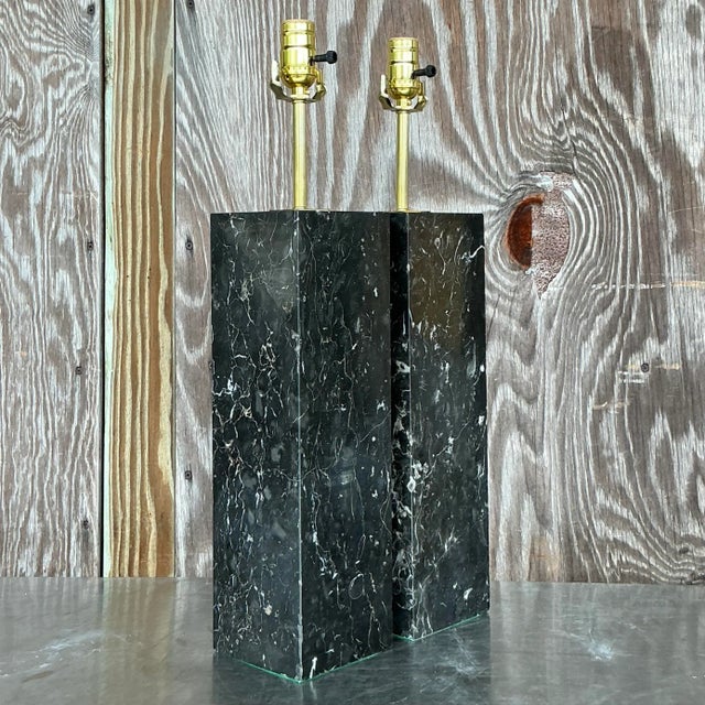 Mid-Century Modern Vintage Boho Solid Black Marble Lamps - a Pair For Sale - Image 3 of 10