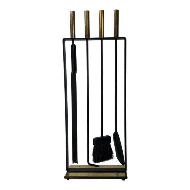 Modernist Styled After Pilgrim Mfg. Brass and Wrought Iron Fireplace Tools For Sale