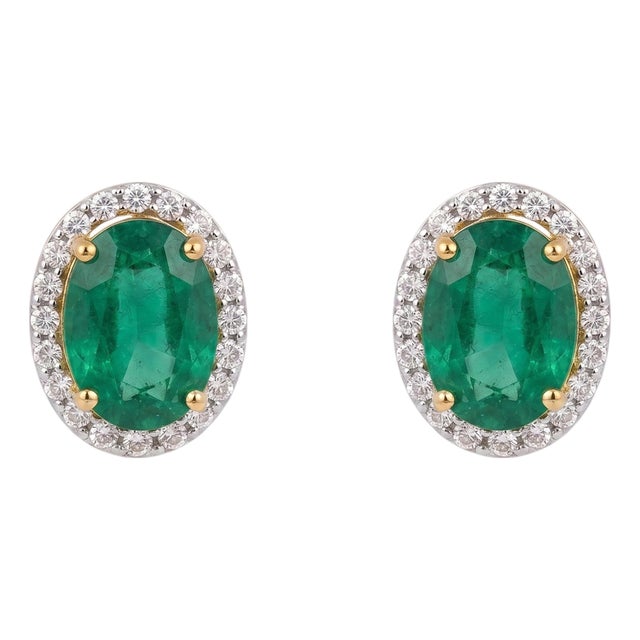 Natural 7cts Emerald & 0.43cts Diamond Earring in 14k Gold For Sale