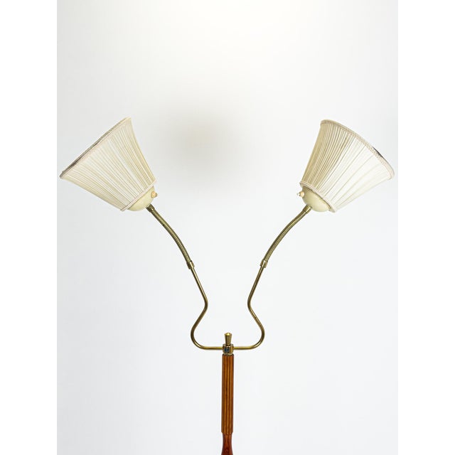 1950s Swedish Modern Twin-Arm Floor Lamp in Teak and Brass, Sweden, 1950s For Sale - Image 5 of 10