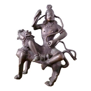 Antique Indian Bronze Deity on Lion, 19th Century For Sale